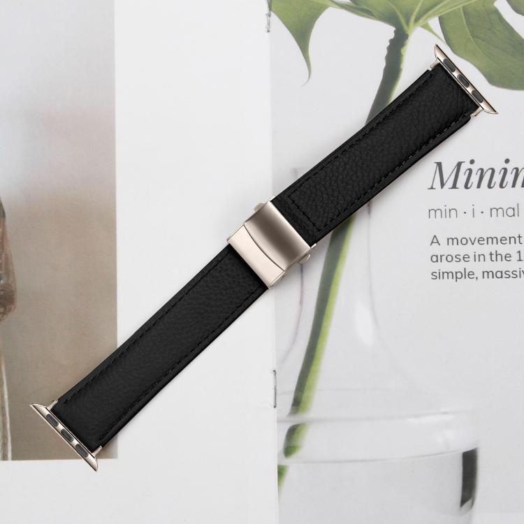 For Apple Watch 46mm / 49mm / 45mm / 44mm Lychee Texture Starlight Turtle Back Buckle Leather Watch Band(Black) - Watch Bands by PMC TechLife | Online Shopping South Africa | PMC TechLife | Buy Now Pay Later Mobicred