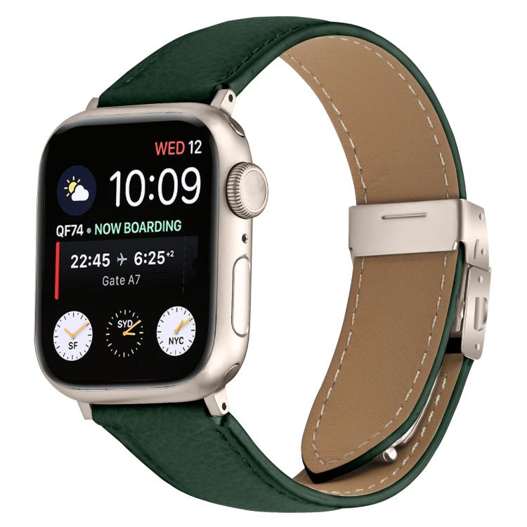 For Apple Watch 46mm / 49mm / 45mm / 44mm Lychee Texture Starlight Turtle Back Buckle Leather Watch Band(Green) - Watch Bands by PMC TechLife | Online Shopping South Africa | PMC TechLife | Buy Now Pay Later Mobicred