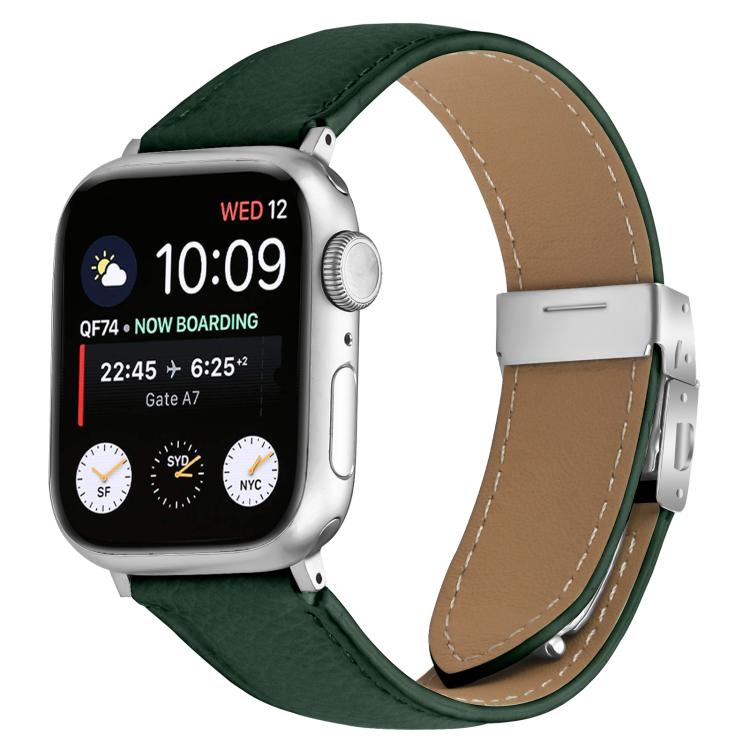 For Apple Watch 46mm / 49mm / 45mm / 44mm Lychee Texture Silver Turtle Back Buckle Leather Watch Band(Green) - free shipping - PMC TechLife - Order now!