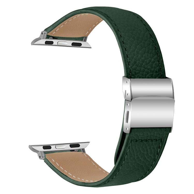 For Apple Watch 46mm / 49mm / 45mm / 44mm Lychee Texture Silver Turtle Back Buckle Leather Watch Band(Green) - free shipping - PMC TechLife - Order now!