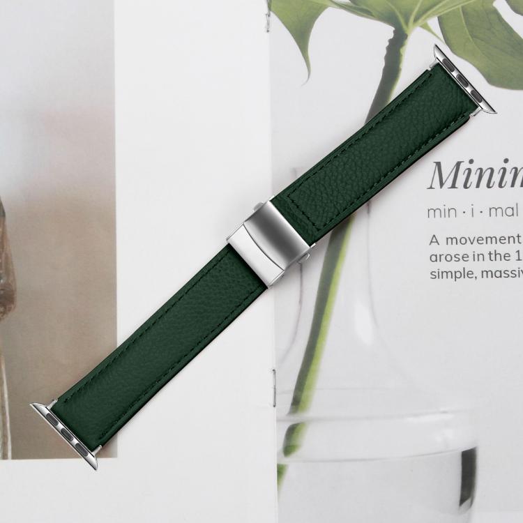 For Apple Watch 46mm / 49mm / 45mm / 44mm Lychee Texture Silver Turtle Back Buckle Leather Watch Band(Green) - free shipping - PMC TechLife - Order now!