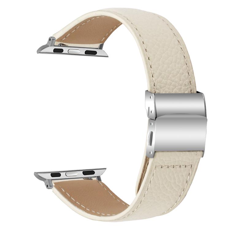 For Apple Watch 46mm / 49mm / 45mm / 44mm Lychee Texture Silver Turtle Back Buckle Leather Watch Band(Creamy White) - free shipping - PMC TechLife - Order now!