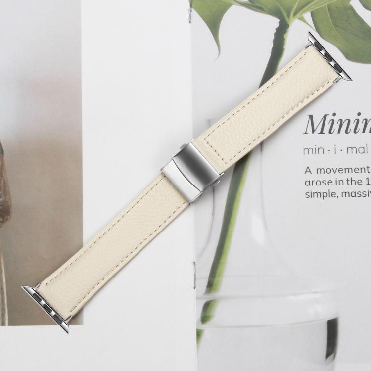 For Apple Watch 46mm / 49mm / 45mm / 44mm Lychee Texture Silver Turtle Back Buckle Leather Watch Band(Creamy White) - free shipping - PMC TechLife - Order now!