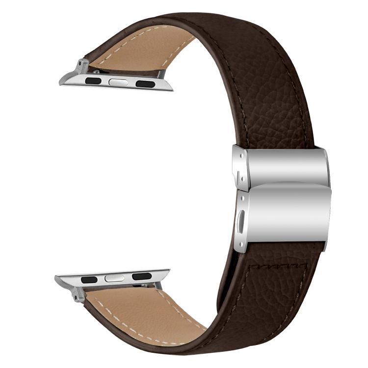 For Apple Watch 42mm / 41mm / 40mm / 38mm Lychee Texture Silver Turtle Back Buckle Leather Watch Band(Coffee Color) - free shipping - PMC TechLife - Order now!