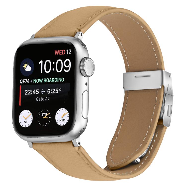 For Apple Watch 42mm / 41mm / 40mm / 38mm Lychee Texture Silver Turtle Back Buckle Leather Watch Band(Camel) - free shipping - PMC TechLife - Order now!