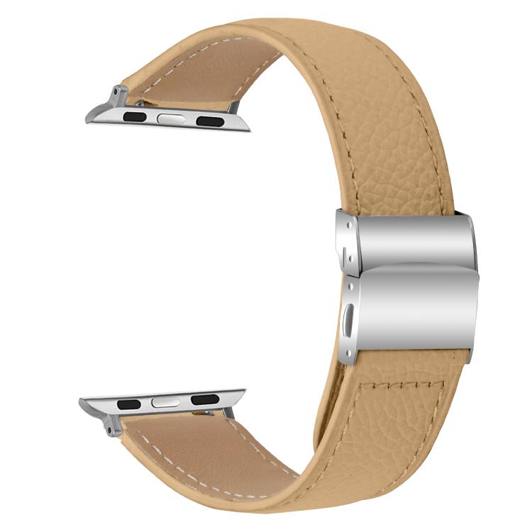 For Apple Watch 42mm / 41mm / 40mm / 38mm Lychee Texture Silver Turtle Back Buckle Leather Watch Band(Camel) - free shipping - PMC TechLife - Order now!