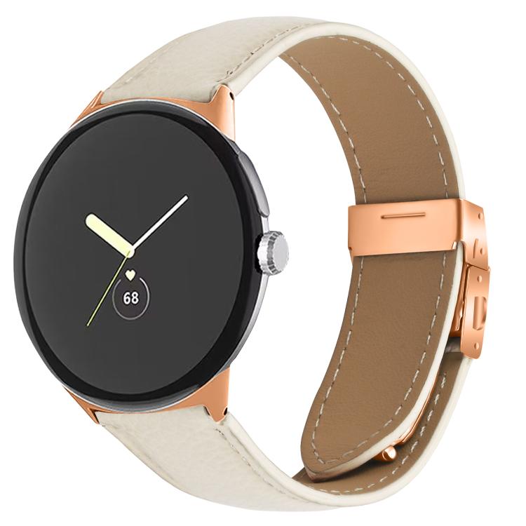 For Google Pixel Watch / Watch 2 / 3 41mm Lychee Texture Rose Gold Turtle Back Buckle Leather Watch Band(Creamy White) - free shipping - PMC TechLife - Order now!