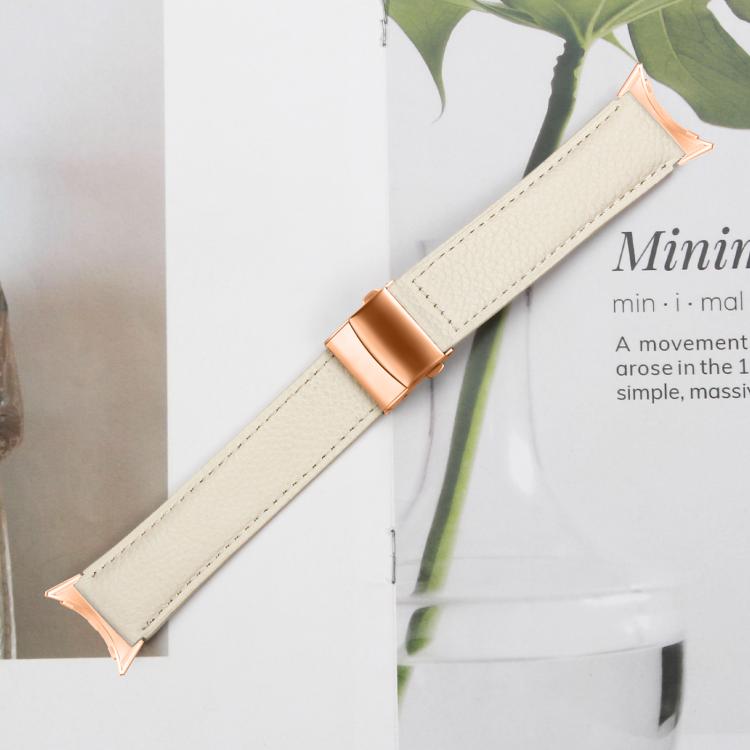 For Google Pixel Watch / Watch 2 / 3 41mm Lychee Texture Rose Gold Turtle Back Buckle Leather Watch Band(Creamy White) - free shipping - PMC TechLife - Order now!