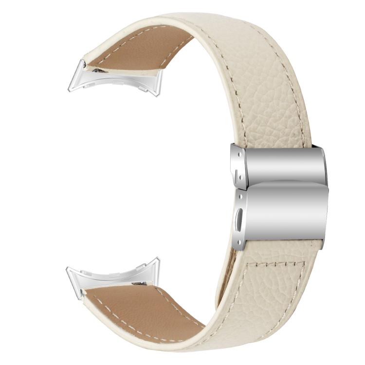 For Google Pixel Watch / Watch 2 / 3 41mm Lychee Texture Silver Turtle Back Buckle Leather Watch Band(Creamy White) - free shipping - PMC TechLife - Order now!