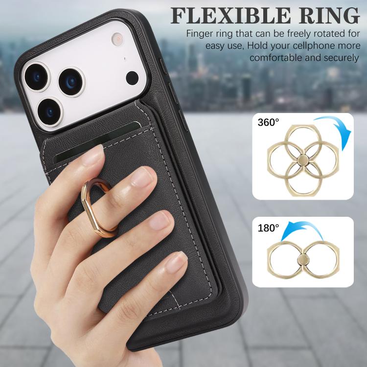 For iPhone 17 Pro Max Kalebol Strong MagSafe Ring Magnetic Card Bag Holder Leather Phone Case(Black) - iPhone 17 Pro Max Cases by Kalebol | Online Shopping South Africa | PMC TechLife | Buy Now Pay Later Mobicred
