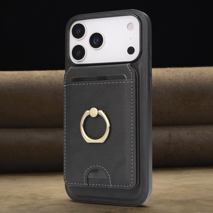 For iPhone 17 Pro Max Kalebol Strong MagSafe Ring Magnetic Card Bag Holder Leather Phone Case(Black) - iPhone 17 Pro Max Cases by Kalebol | Online Shopping South Africa | PMC TechLife | Buy Now Pay Later Mobicred