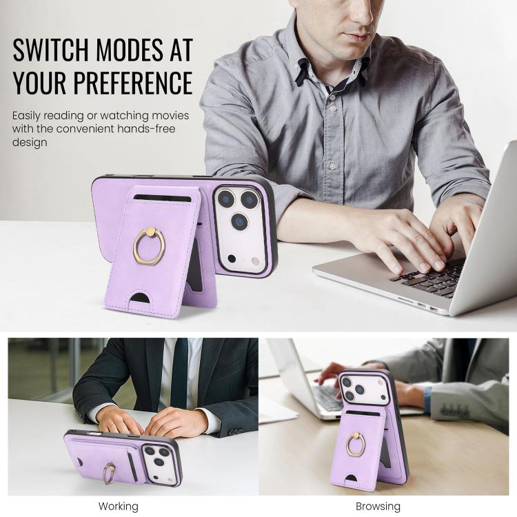 For iPhone 17 Pro Kalebol Strong MagSafe Ring Magnetic Card Bag Holder Leather Phone Case(Purple) - iPhone 17 Pro Cases by Kalebol | Online Shopping South Africa | PMC TechLife | Buy Now Pay Later Mobicred