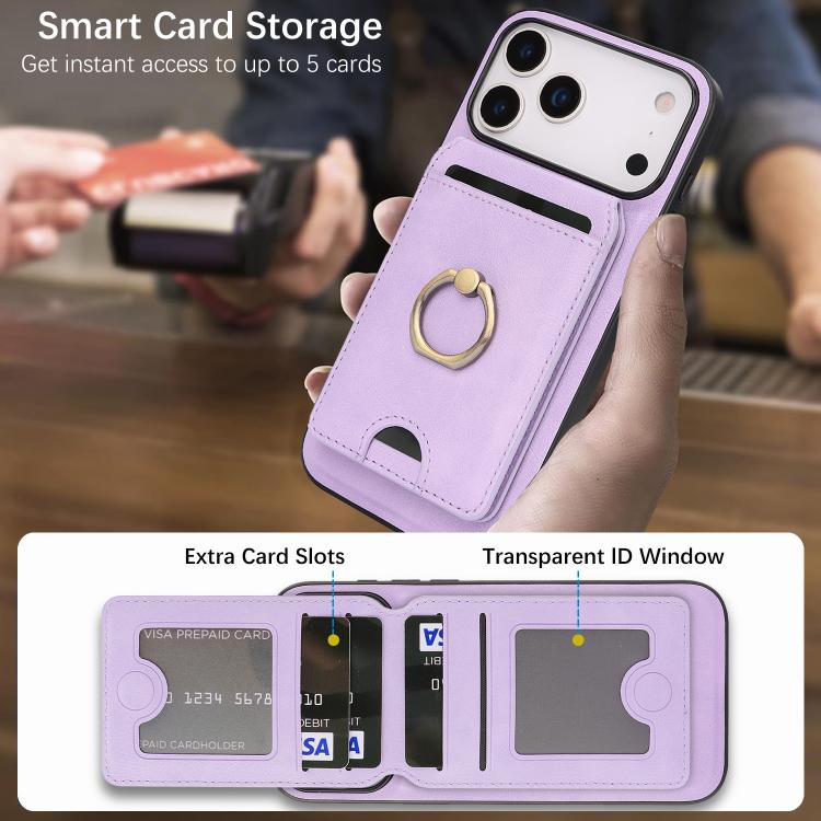 For iPhone 17 Pro Kalebol Strong MagSafe Ring Magnetic Card Bag Holder Leather Phone Case(Purple) - iPhone 17 Pro Cases by Kalebol | Online Shopping South Africa | PMC TechLife | Buy Now Pay Later Mobicred