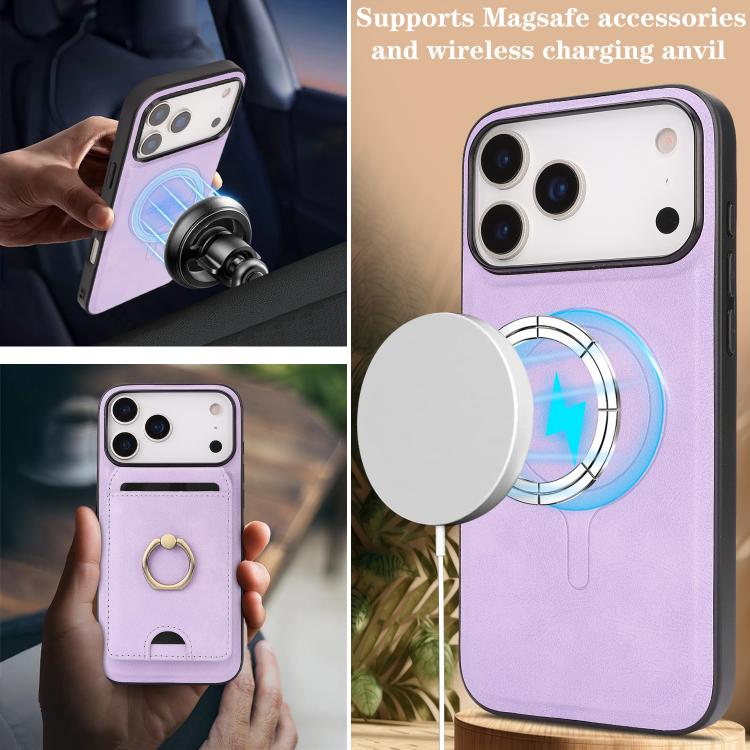 For iPhone 17 Pro Kalebol Strong MagSafe Ring Magnetic Card Bag Holder Leather Phone Case(Purple) - iPhone 17 Pro Cases by Kalebol | Online Shopping South Africa | PMC TechLife | Buy Now Pay Later Mobicred