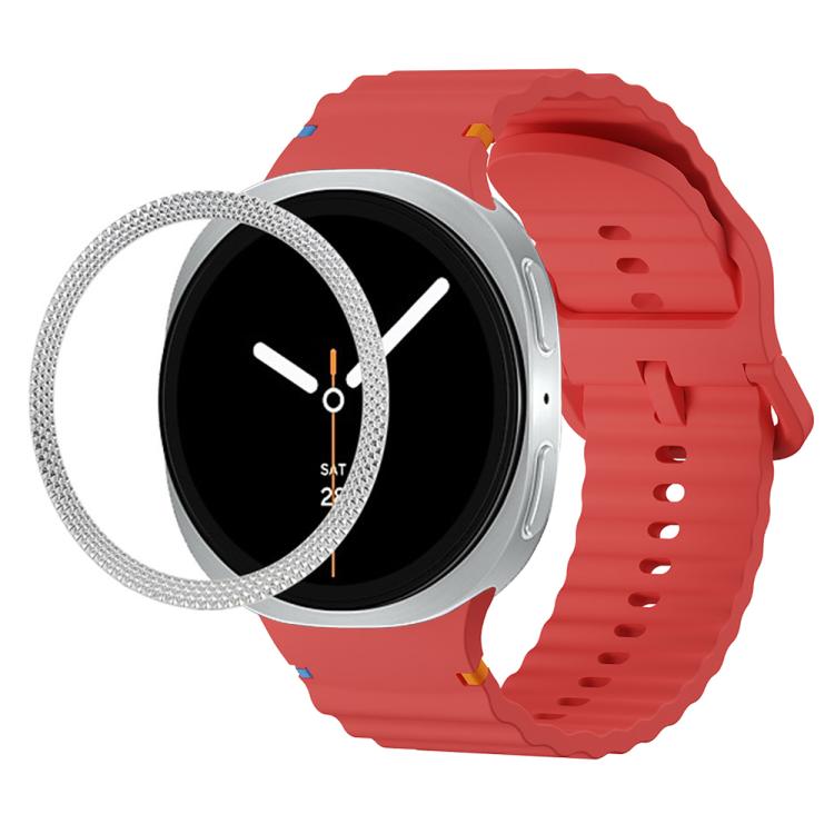 For Samsung Galaxy Watch8 44mm Rhombic Texture Bezel and Wavy Grain Stitched Color Buckle Silicone Watch Band(Red Silver) - free shipping - PMC TechLife - Order now!