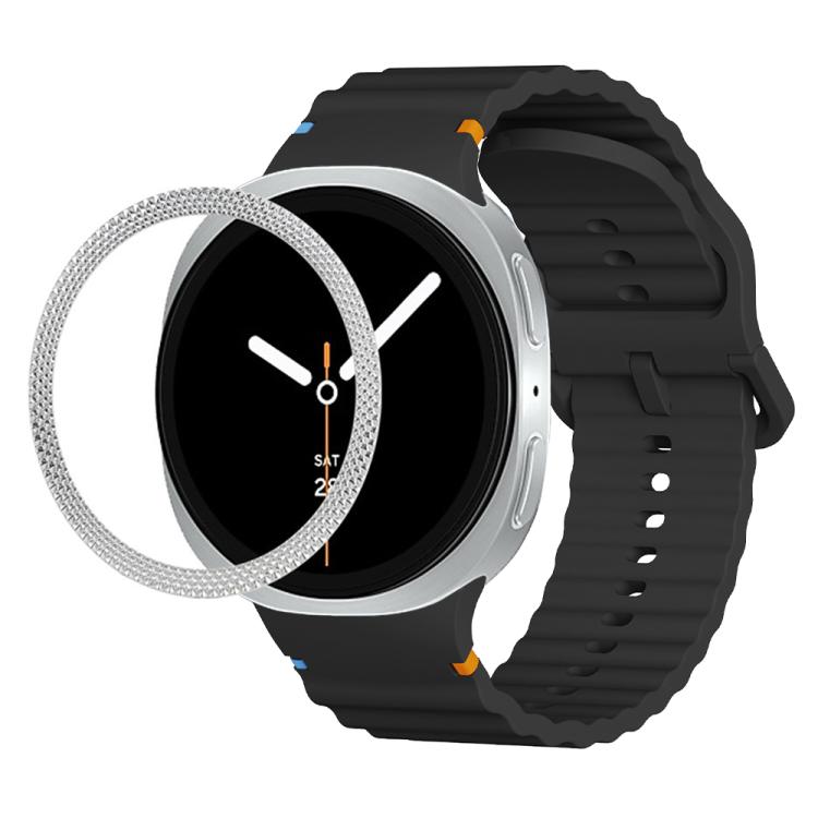 For Samsung Galaxy Watch8 44mm Rhombic Texture Bezel and Wavy Grain Stitched Color Buckle Silicone Watch Band(Black Silver) - free shipping - PMC TechLife - Order now!