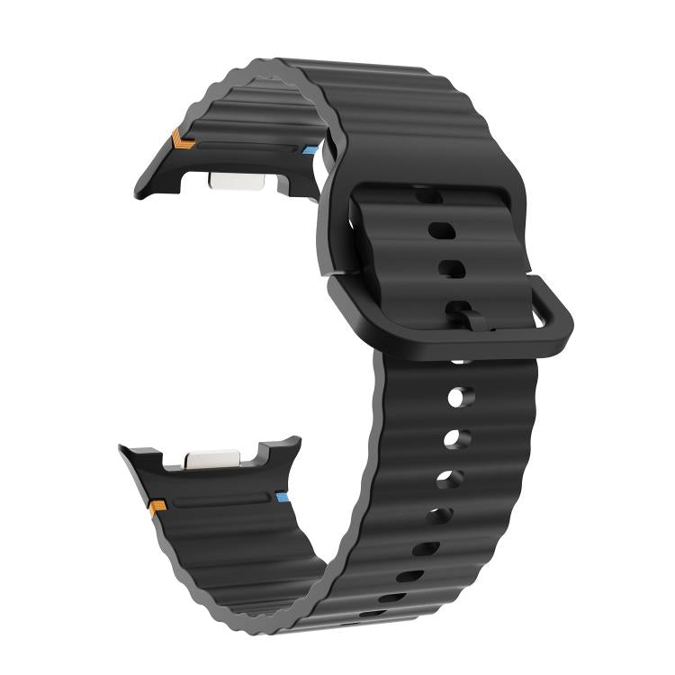 For Samsung Galaxy Watch8 44mm Rhombic Texture Bezel and Wavy Grain Stitched Color Buckle Silicone Watch Band(Black Silver) - free shipping - PMC TechLife - Order now!