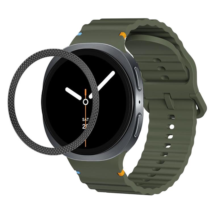 For Samsung Galaxy Watch8 44mm Rhombic Texture Bezel and Wavy Grain Stitched Color Buckle Silicone Watch Band(Army Green Black) - free shipping - PMC TechLife - Order now!