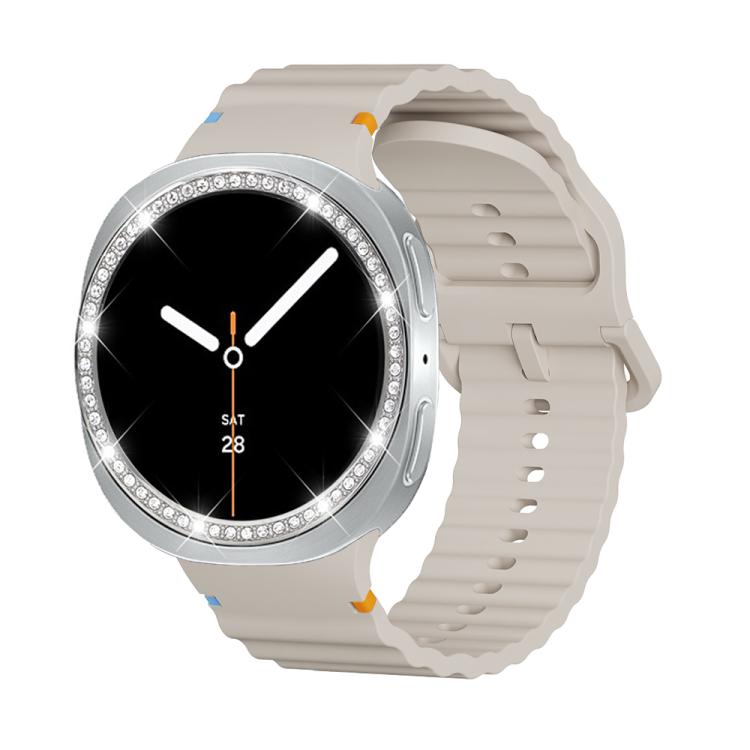 For Samsung Galaxy Watch8 44mm Diamond Bezel and Wavy Grain Stitched Color Buckle Silicone Watch Band(Starlight Silver) - free shipping - PMC TechLife - Order now!