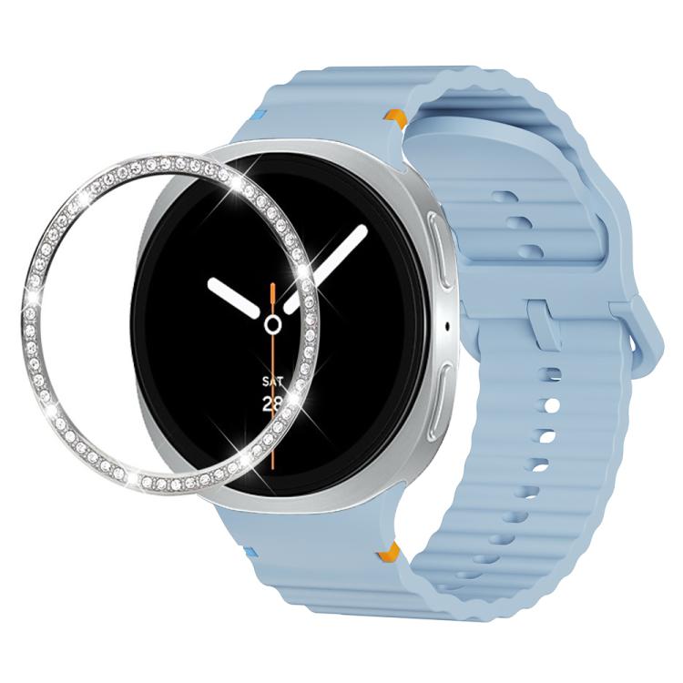 For Samsung Galaxy Watch8 44mm Diamond Bezel and Wavy Grain Stitched Color Buckle Silicone Watch Band(Light Blue Silver) - free shipping - PMC TechLife - Order now!