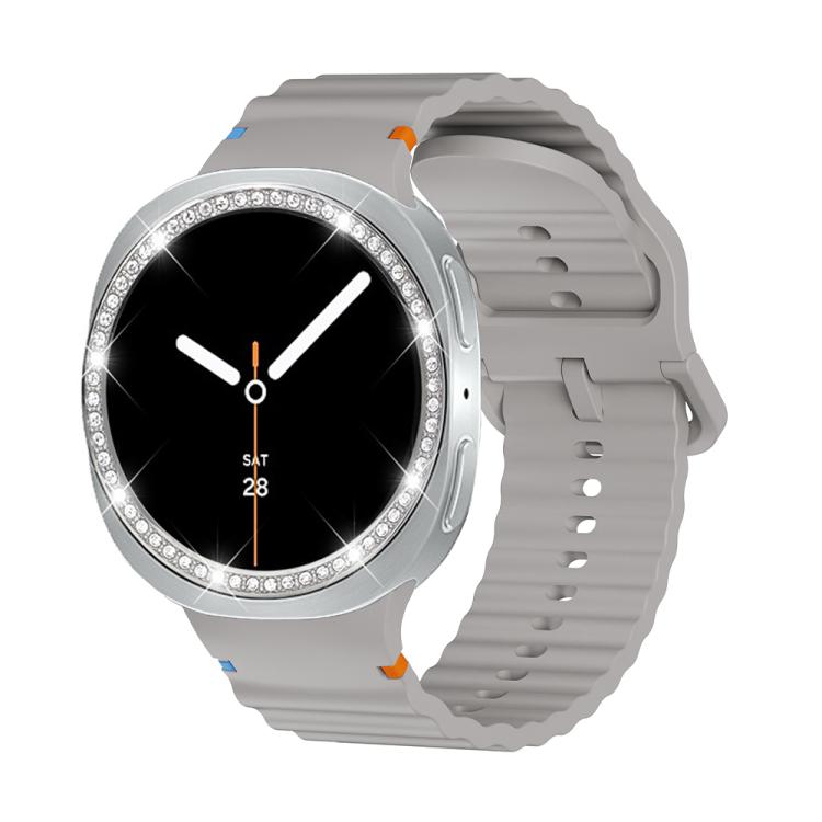 For Samsung Galaxy Watch8 44mm Diamond Bezel and Wavy Grain Stitched Color Buckle Silicone Watch Band(Gray Silver) - free shipping - PMC TechLife - Order now!