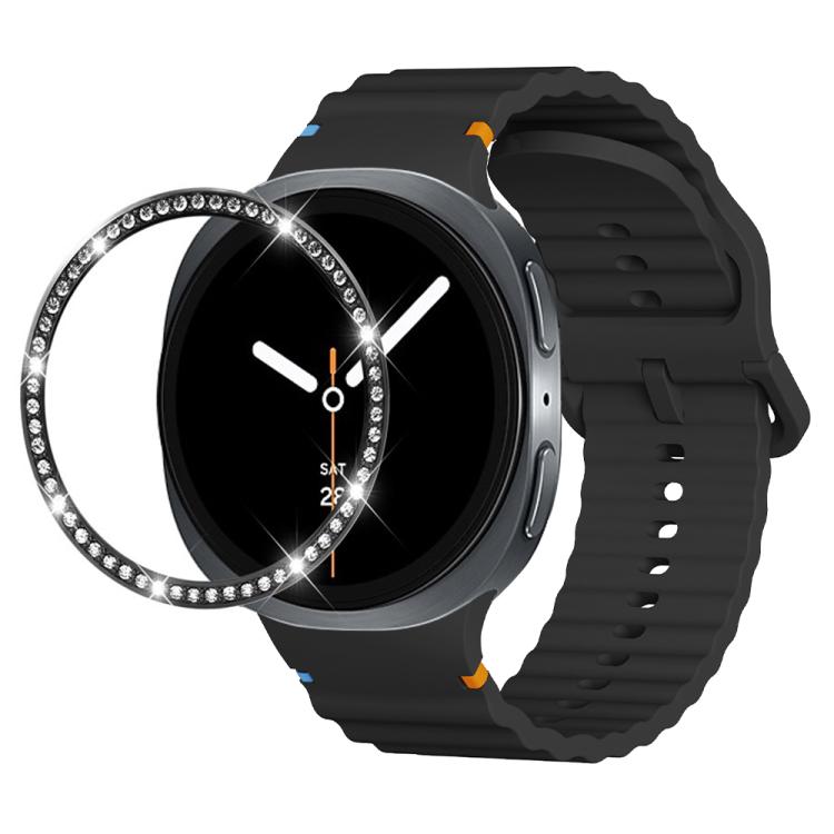 For Samsung Galaxy Watch8 44mm Diamond Bezel and Wavy Grain Stitched Color Buckle Silicone Watch Band(Black Black) - free shipping - PMC TechLife - Order now!
