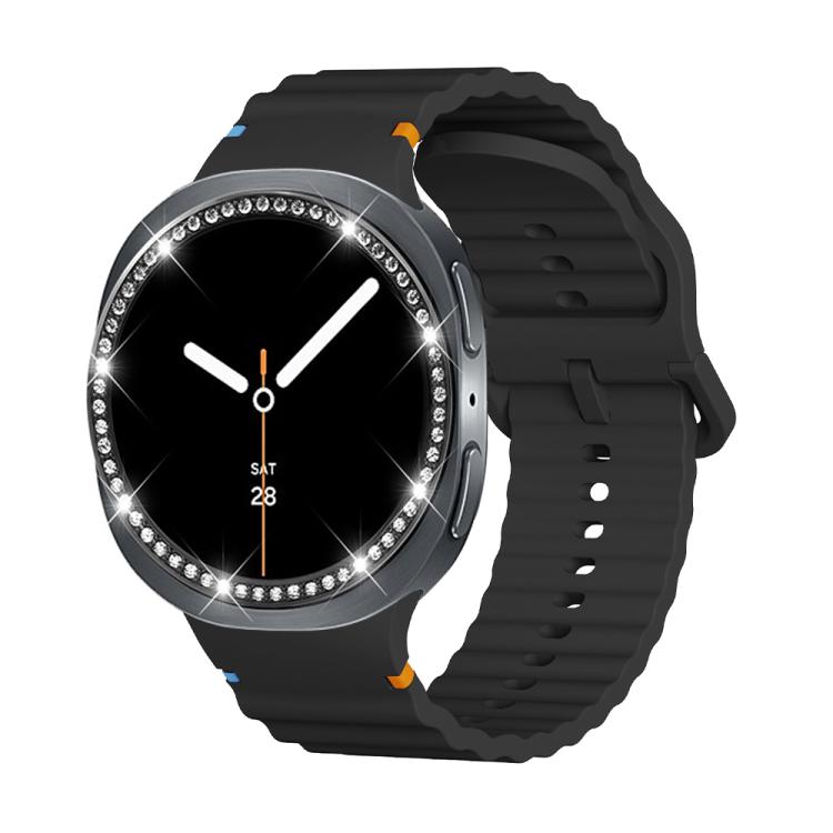 For Samsung Galaxy Watch8 44mm Diamond Bezel and Wavy Grain Stitched Color Buckle Silicone Watch Band(Black Black) - free shipping - PMC TechLife - Order now!
