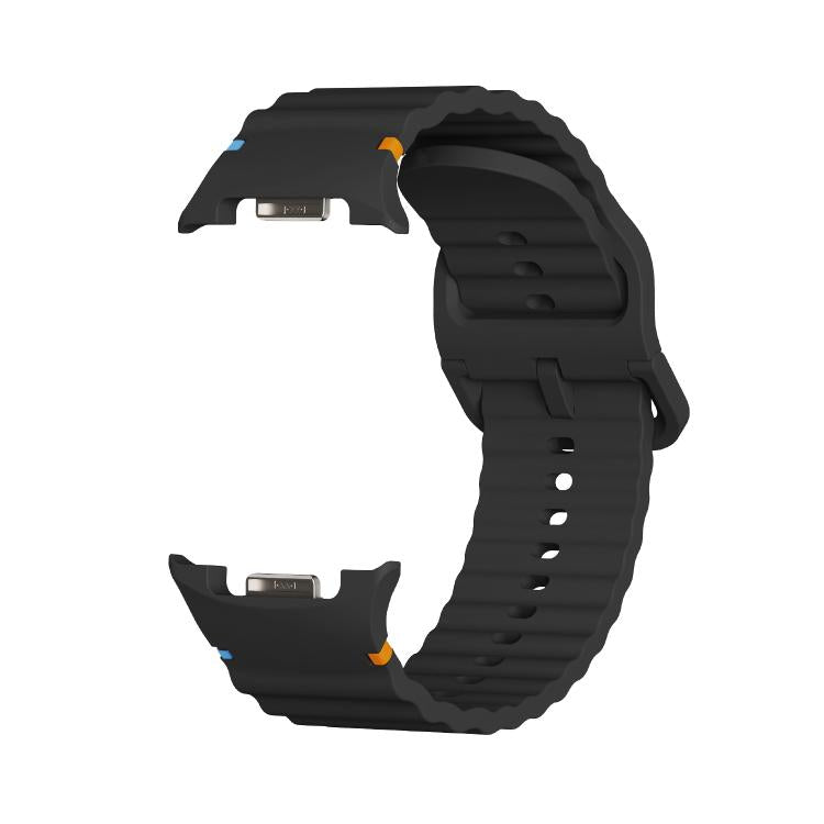 For Samsung Galaxy Watch8 44mm Diamond Bezel and Wavy Grain Stitched Color Buckle Silicone Watch Band(Black Black) - free shipping - PMC TechLife - Order now!
