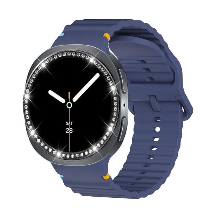 For Samsung Galaxy Watch8 44mm Diamond Bezel and Wavy Grain Stitched Color Buckle Silicone Watch Band(Midnight Blue Black) - free shipping - PMC TechLife - Order now!
