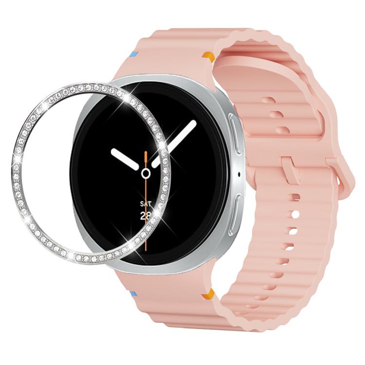 For Samsung Galaxy Watch8 40mm Diamond Bezel and Wavy Grain Stitched Color Buckle Silicone Watch Band(Pink Silver) - free shipping - PMC TechLife - Order now!