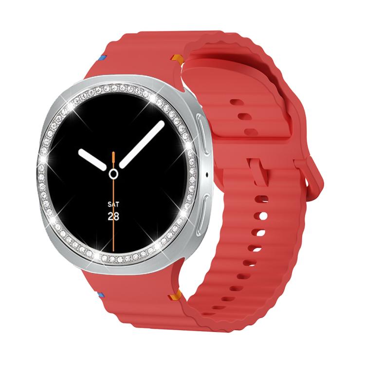 For Samsung Galaxy Watch8 40mm Diamond Bezel and Wavy Grain Stitched Color Buckle Silicone Watch Band(Red Silver) - free shipping - PMC TechLife - Order now!