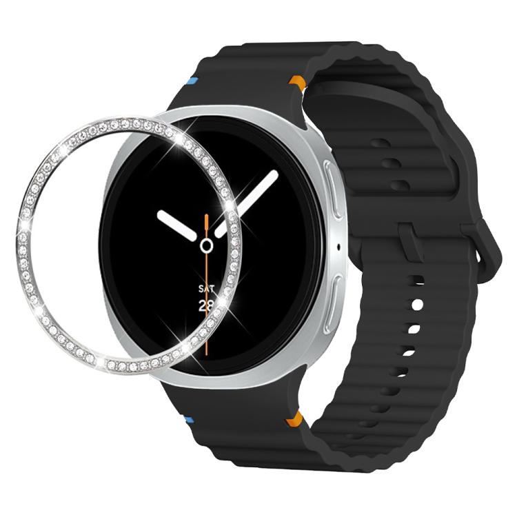 For Samsung Galaxy Watch8 40mm Diamond Bezel and Wavy Grain Stitched Color Buckle Silicone Watch Band(Black Silver) - free shipping - PMC TechLife - Order now!