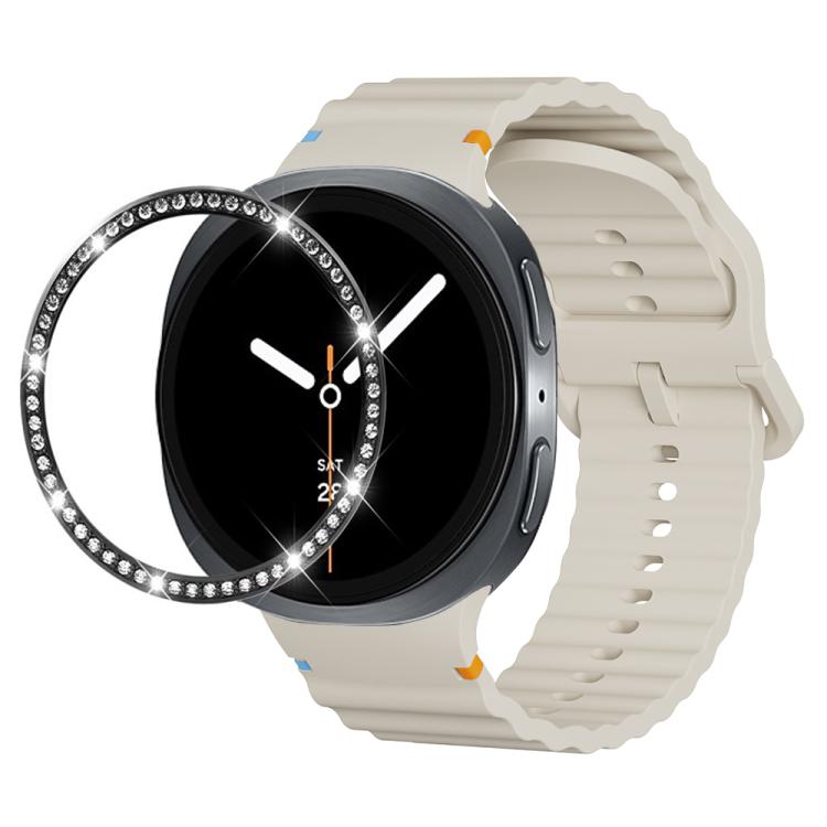 For Samsung Galaxy Watch8 40mm Diamond Bezel and Wavy Grain Stitched Color Buckle Silicone Watch Band(Beige Black) - free shipping - PMC TechLife - Order now!