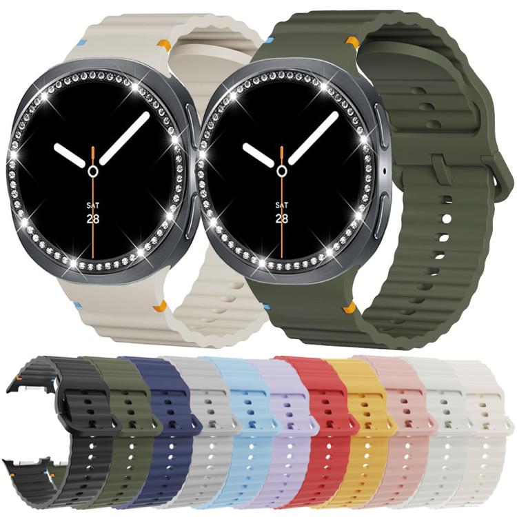 For Samsung Galaxy Watch8 44mm Diamond Bezel and Wavy Grain Stitched Color Buckle Silicone Watch Band(Black Black) - free shipping - PMC TechLife - Order now!