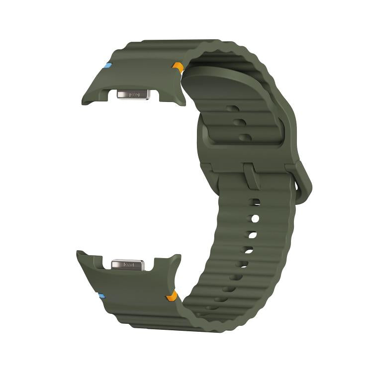 For Samsung Galaxy Watch8 44mm Speed Bezel and Wavy Grain Stitched Color Buckle Silicone Watch Band(Army Green Silver) - free shipping - PMC TechLife - Order now!