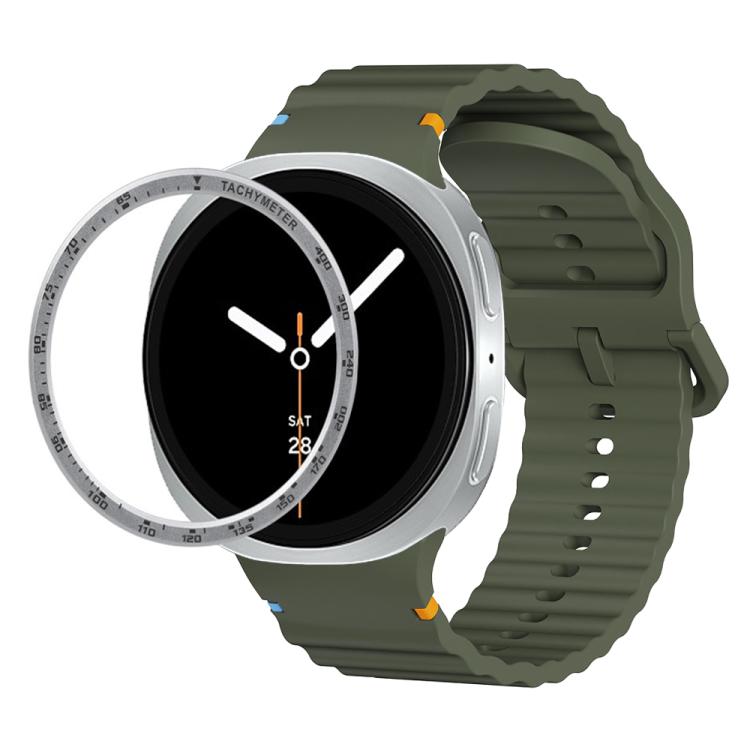 For Samsung Galaxy Watch8 40mm Speed Bezel and Wavy Grain Stitched Color Buckle Silicone Watch Band(Army Green Silver) - free shipping - PMC TechLife - Order now!