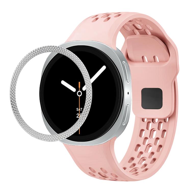 For Samsung Galaxy Watch8 44mm Rhombic Texture Bezel and Black Reverse Buckle Silicone Watch Band(Pink Silver) - free shipping - PMC TechLife - Order now!