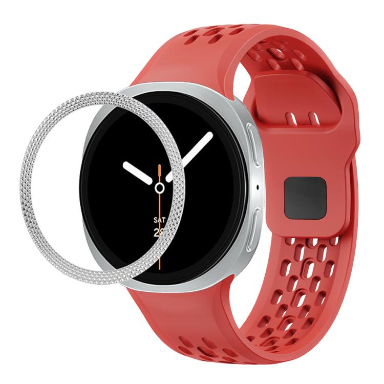 For Samsung Galaxy Watch8 44mm Rhombic Texture Bezel and Black Reverse Buckle Silicone Watch Band(Red Silver) - free shipping - PMC TechLife - Order now!
