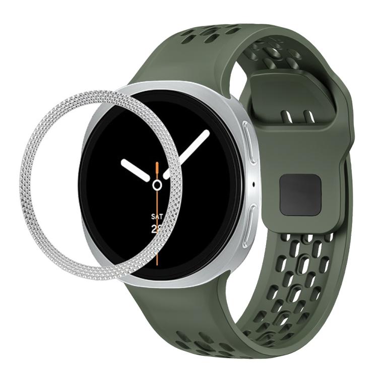 For Samsung Galaxy Watch8 44mm Rhombic Texture Bezel and Black Reverse Buckle Silicone Watch Band(Army Green Silver) - free shipping - PMC TechLife - Order now!