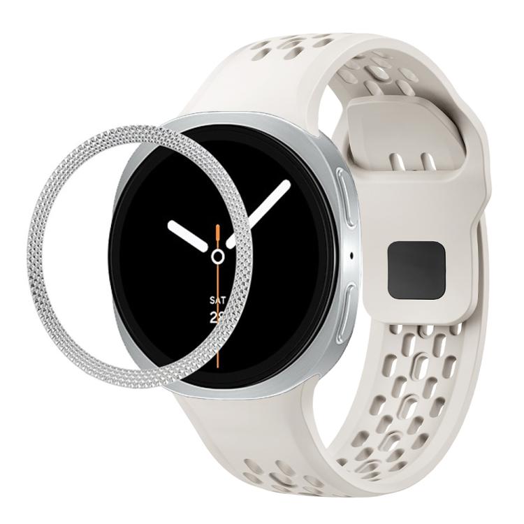 For Samsung Galaxy Watch8 40mm Rhombic Texture Bezel and Black Reverse Buckle Silicone Watch Band(Beige Silver) - free shipping - PMC TechLife - Order now!