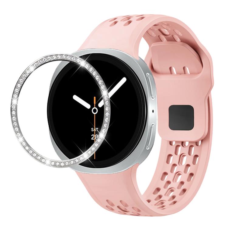 For Samsung Galaxy Watch8 44mm Diamond Bezel and Black Reverse Buckle Silicone Watch Band(Pink Silver) - free shipping - PMC TechLife - Order now!