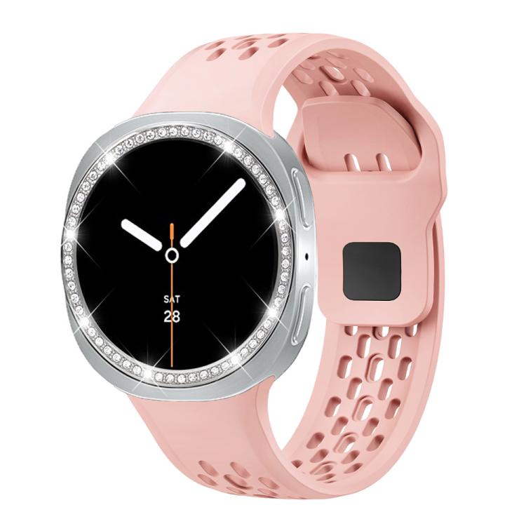 For Samsung Galaxy Watch8 44mm Diamond Bezel and Black Reverse Buckle Silicone Watch Band(Pink Silver) - free shipping - PMC TechLife - Order now!