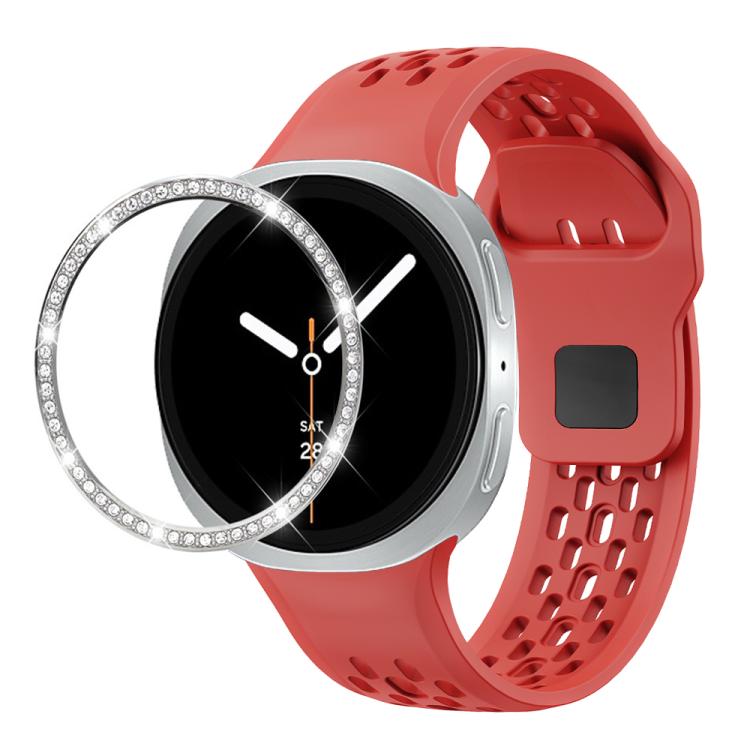 For Samsung Galaxy Watch8 44mm Diamond Bezel and Black Reverse Buckle Silicone Watch Band(Red Silver) - free shipping - PMC TechLife - Order now!