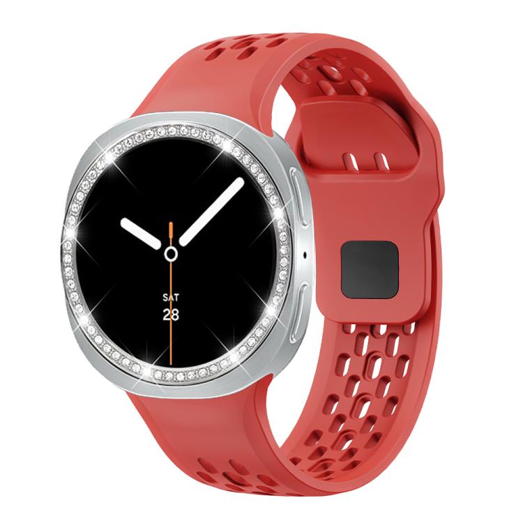 For Samsung Galaxy Watch8 44mm Diamond Bezel and Black Reverse Buckle Silicone Watch Band(Red Silver) - free shipping - PMC TechLife - Order now!