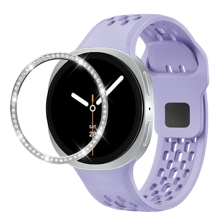 For Samsung Galaxy Watch8 44mm Diamond Bezel and Black Reverse Buckle Silicone Watch Band(Purple Silver) - free shipping - PMC TechLife - Order now!