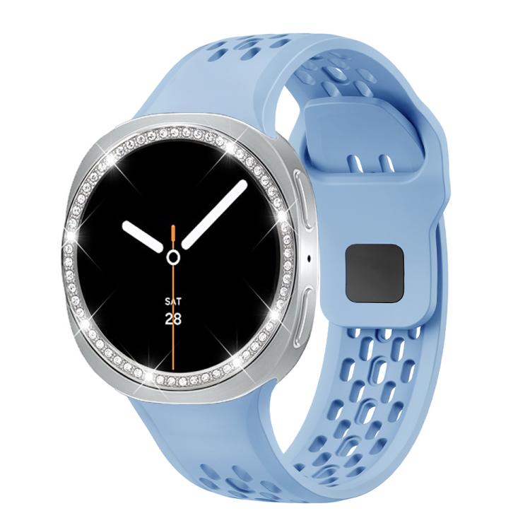 For Samsung Galaxy Watch8 44mm Diamond Bezel and Black Reverse Buckle Silicone Watch Band(Light Blue Silver) - free shipping - PMC TechLife - Order now!