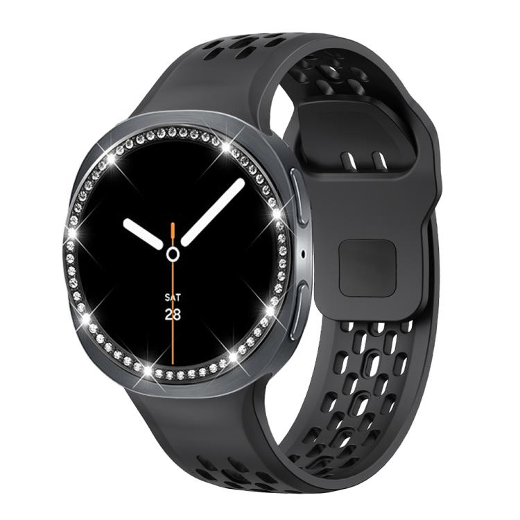 For Samsung Galaxy Watch8 44mm Diamond Bezel and Black Reverse Buckle Silicone Watch Band(Black Black) - free shipping - PMC TechLife - Order now!