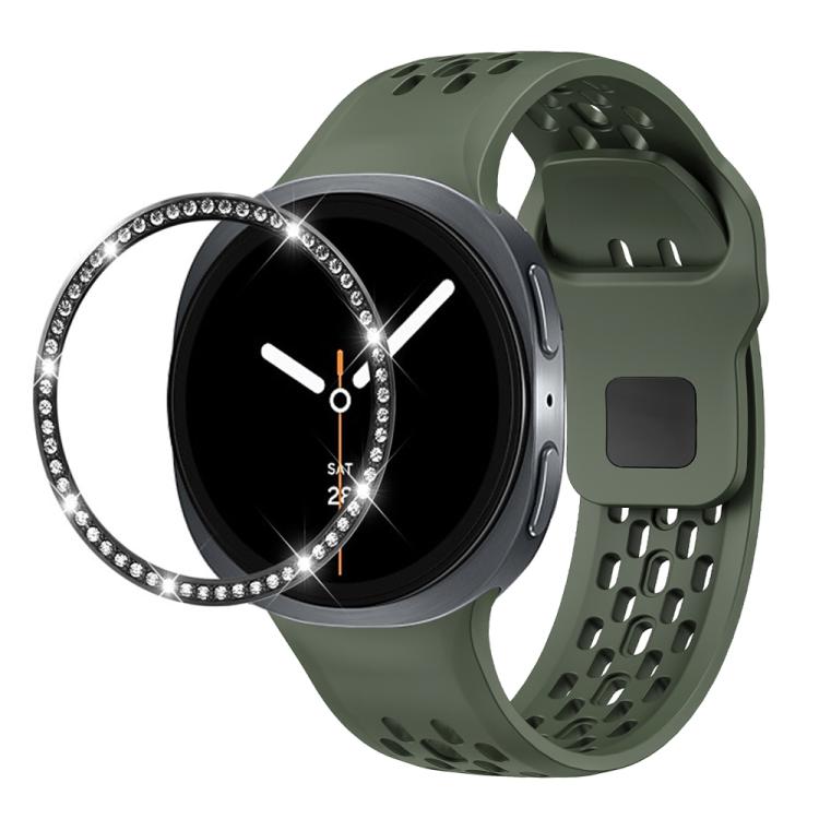 For Samsung Galaxy Watch8 44mm Diamond Bezel and Black Reverse Buckle Silicone Watch Band(Army Green Black) - free shipping - PMC TechLife - Order now!