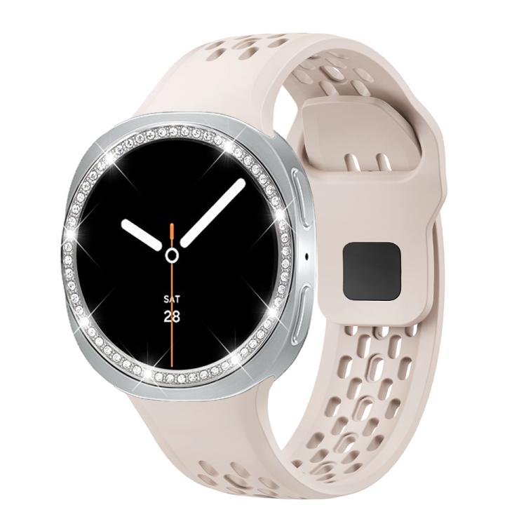 For Samsung Galaxy Watch8 40mm Diamond Bezel and Black Reverse Buckle Silicone Watch Band(Starlight Silver) - free shipping - PMC TechLife - Order now!