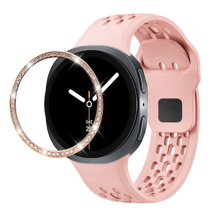 For Samsung Galaxy Watch8 40mm Diamond Bezel and Black Reverse Buckle Silicone Watch Band(Pink Rose Gold) - free shipping - PMC TechLife - Order now!
